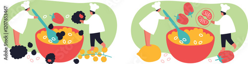 Tiny people and fruits cartoon vector illustration. Healthy eating, cooking vegetarian food and dieting concept. People and berries, summer harvest. Summer time.	
