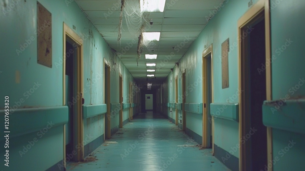 Fototapeta premium Empty hallway on death row. A dimly lit, empty hospital corridor with teal walls and closed doors.