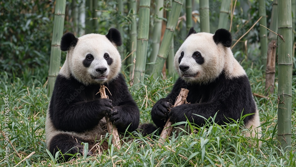 Obraz premium Giant pandas eating bamboo in serene forest setting
