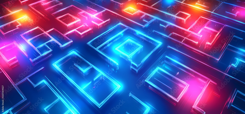 Obraz premium Abstract digital background with holographic, glowing lines and blocks of different colors