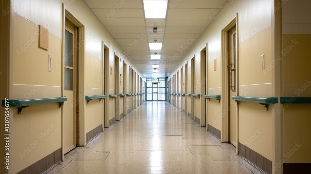 Empty hallway on death row. Empty hospital corridor with doors lining each side under bright fluorescent lights. Empty hallway on death row. Empty hospital corridor with doors lining each side under bright fluorescent lights.