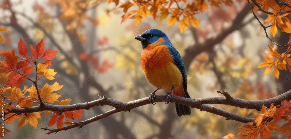 Bird perched on a branch with autumn leaves in the background, woodland scene, bluebird Bird perched on a branch with autumn leaves in the background, woodland scene, bluebird