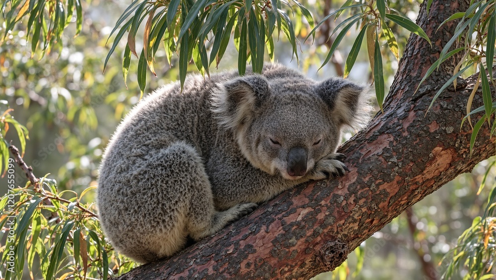Tranquil koala napping in eucalyptus tree blending with leaves in Australian outback Tranquil koala napping in eucalyptus tree blending with leaves in Australian outback