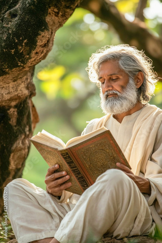 Senior guru reading holy book sitting under a tree photo