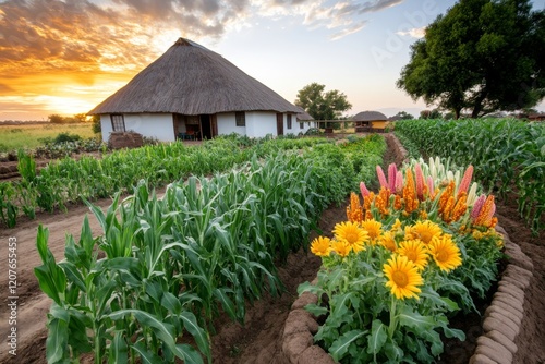 A traditional Zimbabwean garden with maize and pumpkin plants growing beside a thatched hut photo