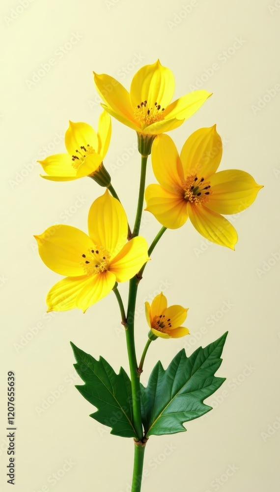 Large yellow flowers on a stem with leafy branches, stem, branches, flowers Large yellow flowers on a stem with leafy branches, stem, branches, flowers