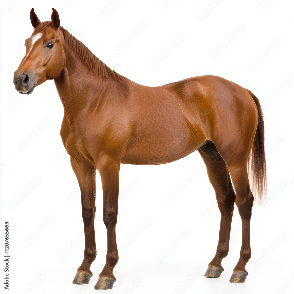 A brown horse stands in front of a white background A brown horse stands in front of a white background