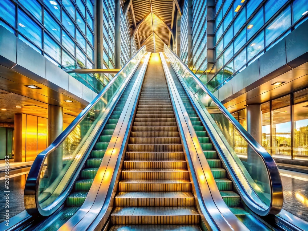 Fototapeta premium Modern architecture's elegant glass and metal escalator, illuminated by natural light.