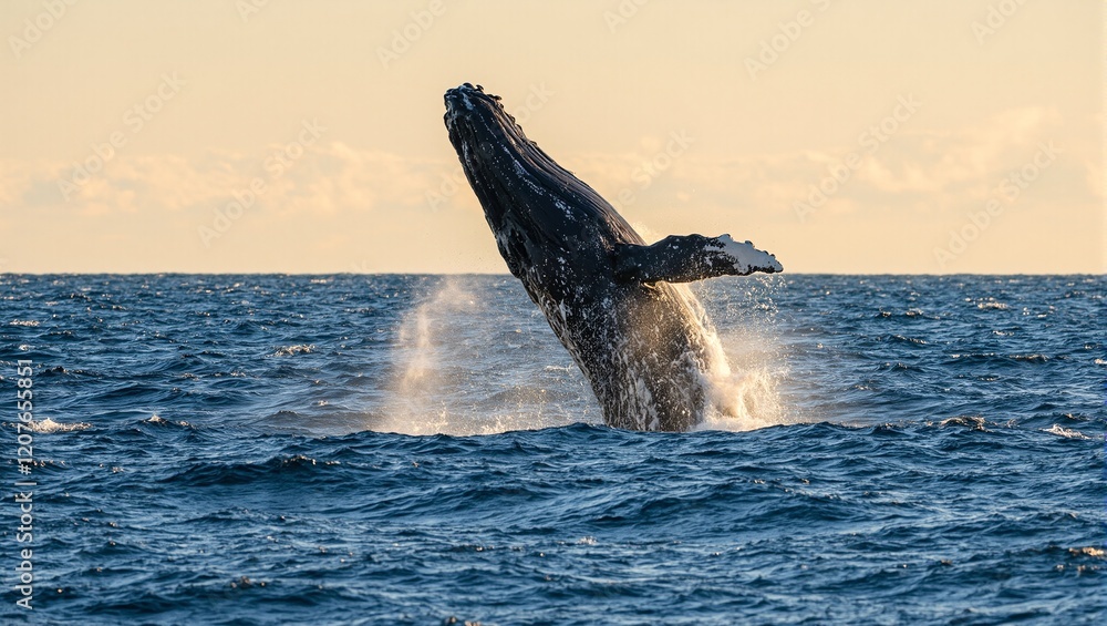 Fototapeta premium Majestic humpback whale breaching at sunset in ocean