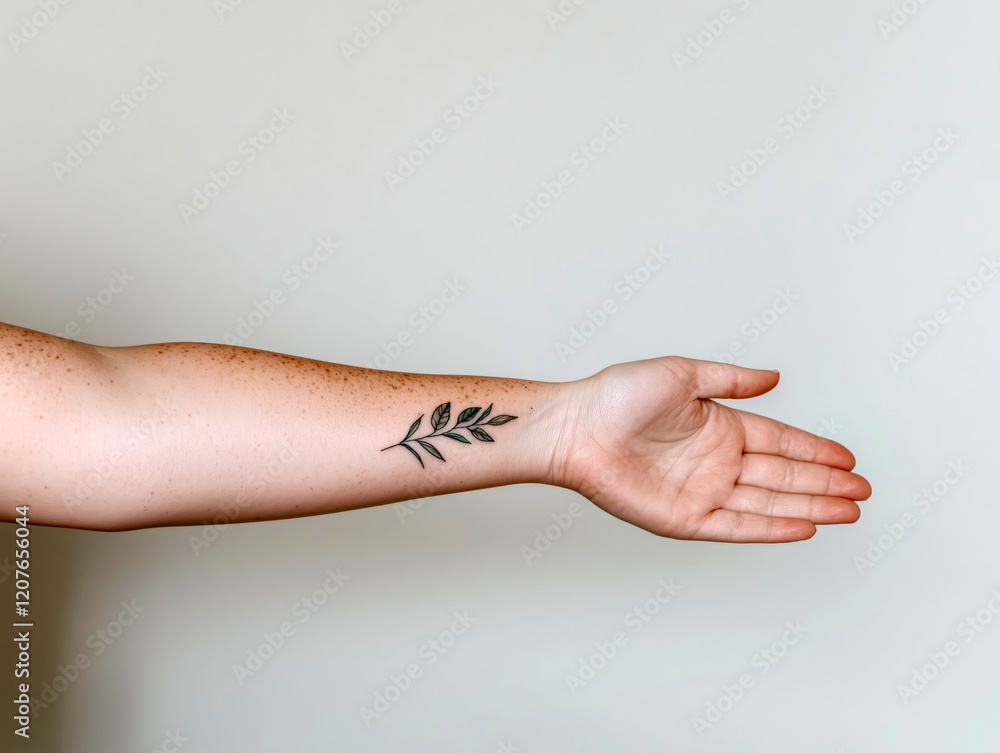 Minimalistic Image of a Tattooed Arm with Leafy Design on Neutral Background
Minimalistic Image of a Tattooed Arm with Leafy Design on Neutral Background