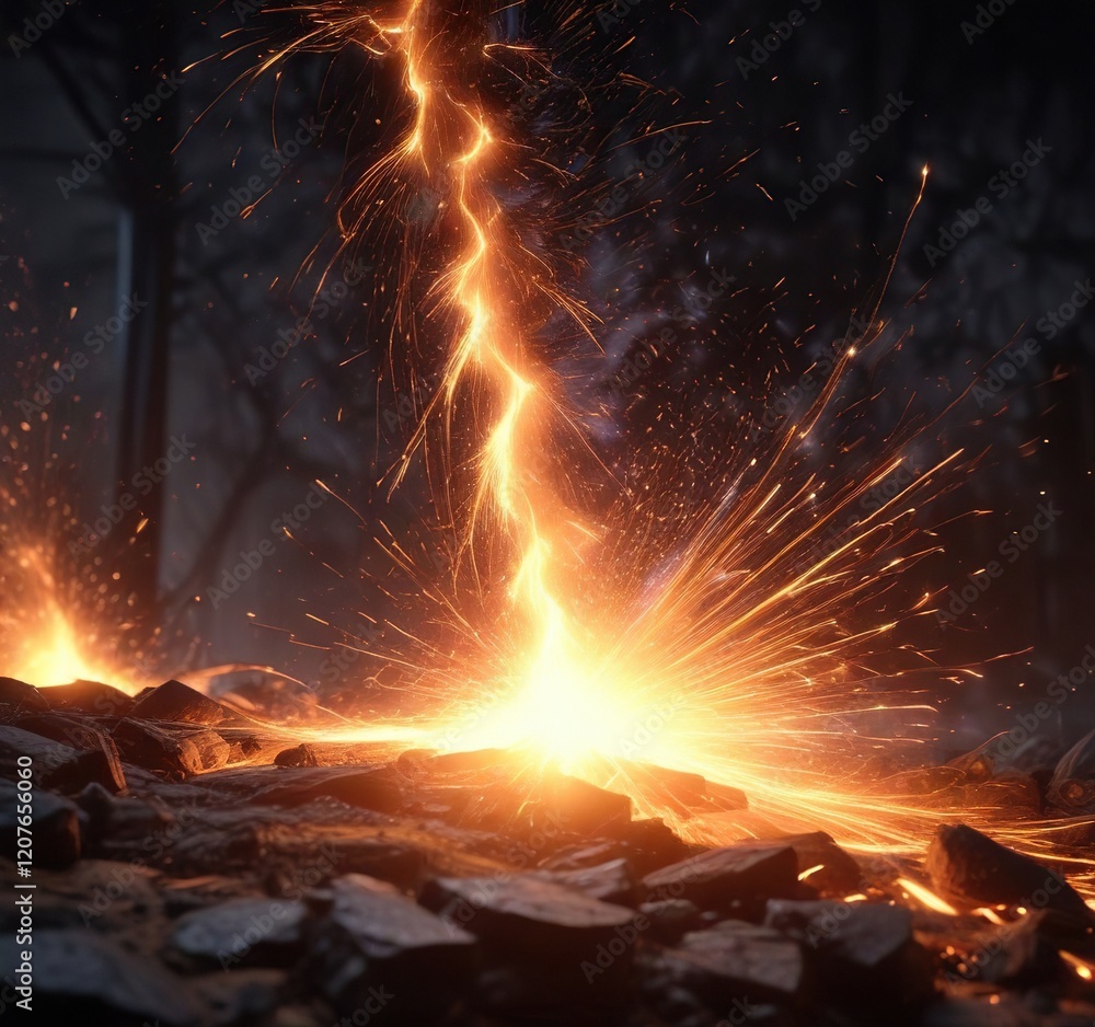 Glowing sparks cascade downwards in a blaze of light, blazing, vibrant, flame Glowing sparks cascade downwards in a blaze of light, blazing, vibrant, flame