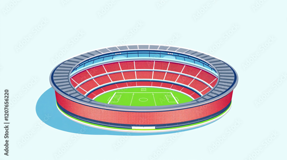 Obraz premium Modern Flat Design Illustration of a Circular Football Stadium with Vivid Colors, Vibrant Green Field, and Clear Blue Sky