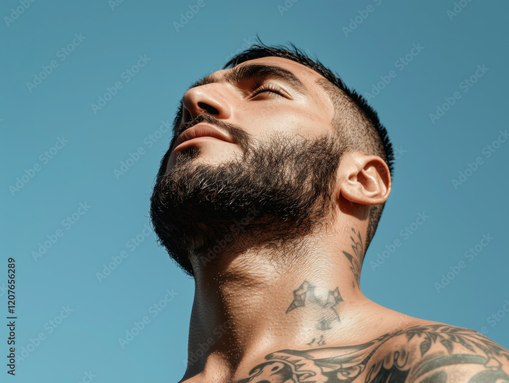 Fototapeta premium Portrait of a Bearded Tattooed Man with a Relaxed Expression and Clear Blue Sky 
