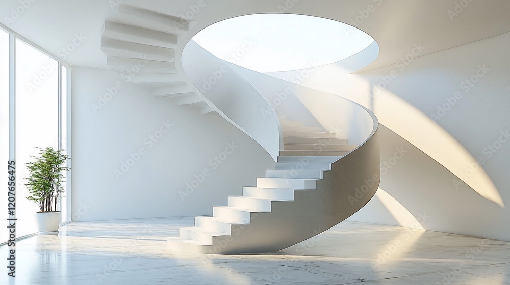 Fototapeta premium Modern white spiral staircase in bright minimalist interior.