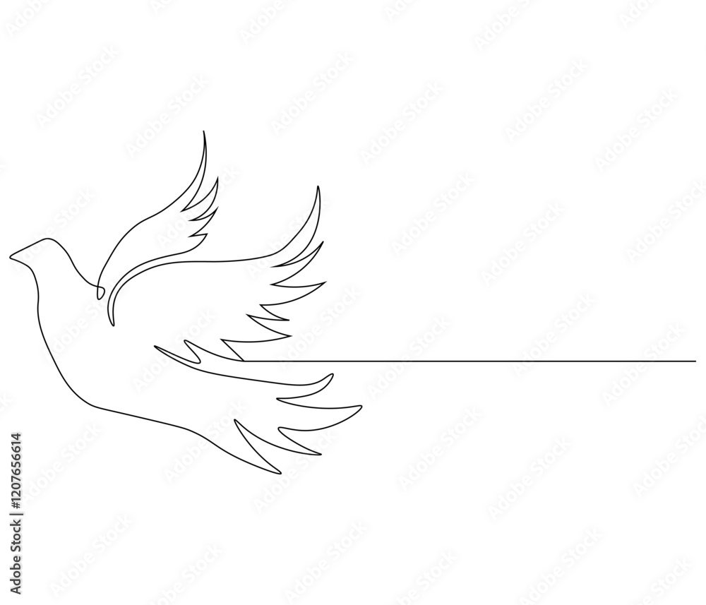 Obraz premium Continuous one line drawing of pigeon. Bird symbol of peace and freedom. Single line drawing illustration of flying dove. style Concept vector art. Doodle line illustration.