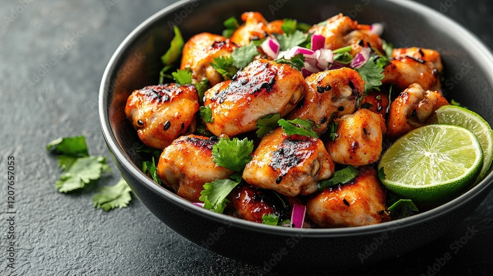 Grilled chicken, cilantro, lime, bowl, dark background, food photography Grilled chicken, cilantro, lime, bowl, dark background, food photography