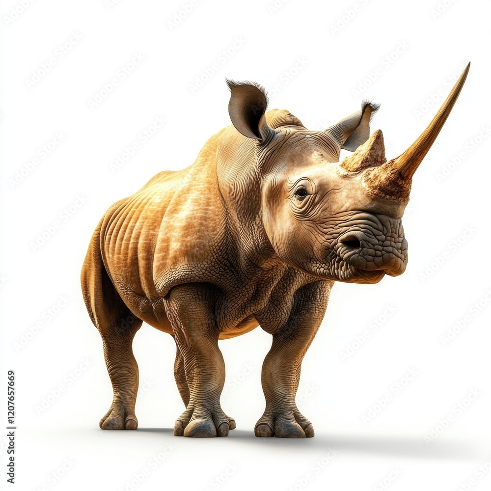 Fototapeta premium A rhino with a horn on its head stands in front of a white background