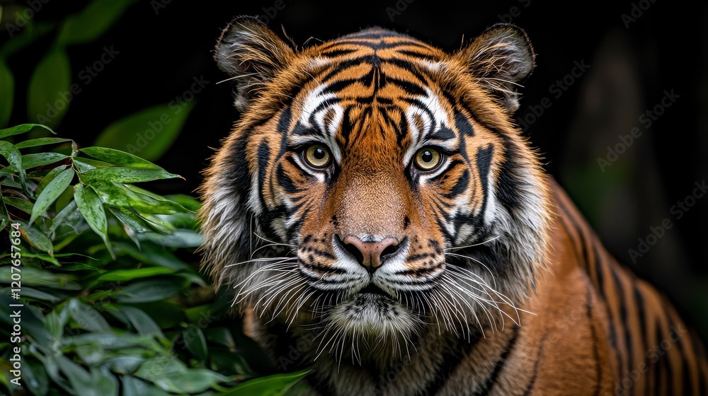 Fototapeta premium Majestic Tiger Gazes Intensely Through Lush Green Foliage
