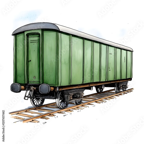 Vintage Green Train Car on Tracks with Detailed Wheels and Door in an Artistic Style photo