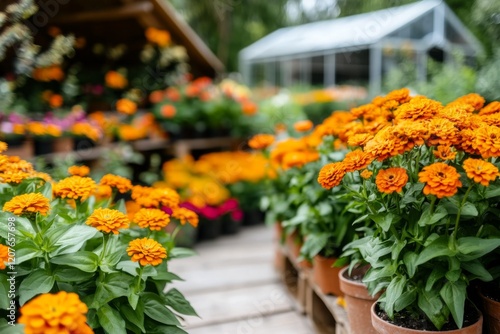 Wallpaper Mural A vibrant zinnia garden path, leading to a cozy greenhouse surrounded by blooming plants Torontodigital.ca