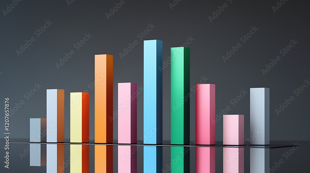 Vivid 3D Bar Chart with Gradient Colors on Reflective Surface, Modern Data Visualization Concept Vivid 3D Bar Chart with Gradient Colors on Reflective Surface, Modern Data Visualization Concept