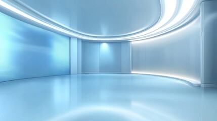 White virtual set background with blue screens, light stripes, blue floor, empty studio