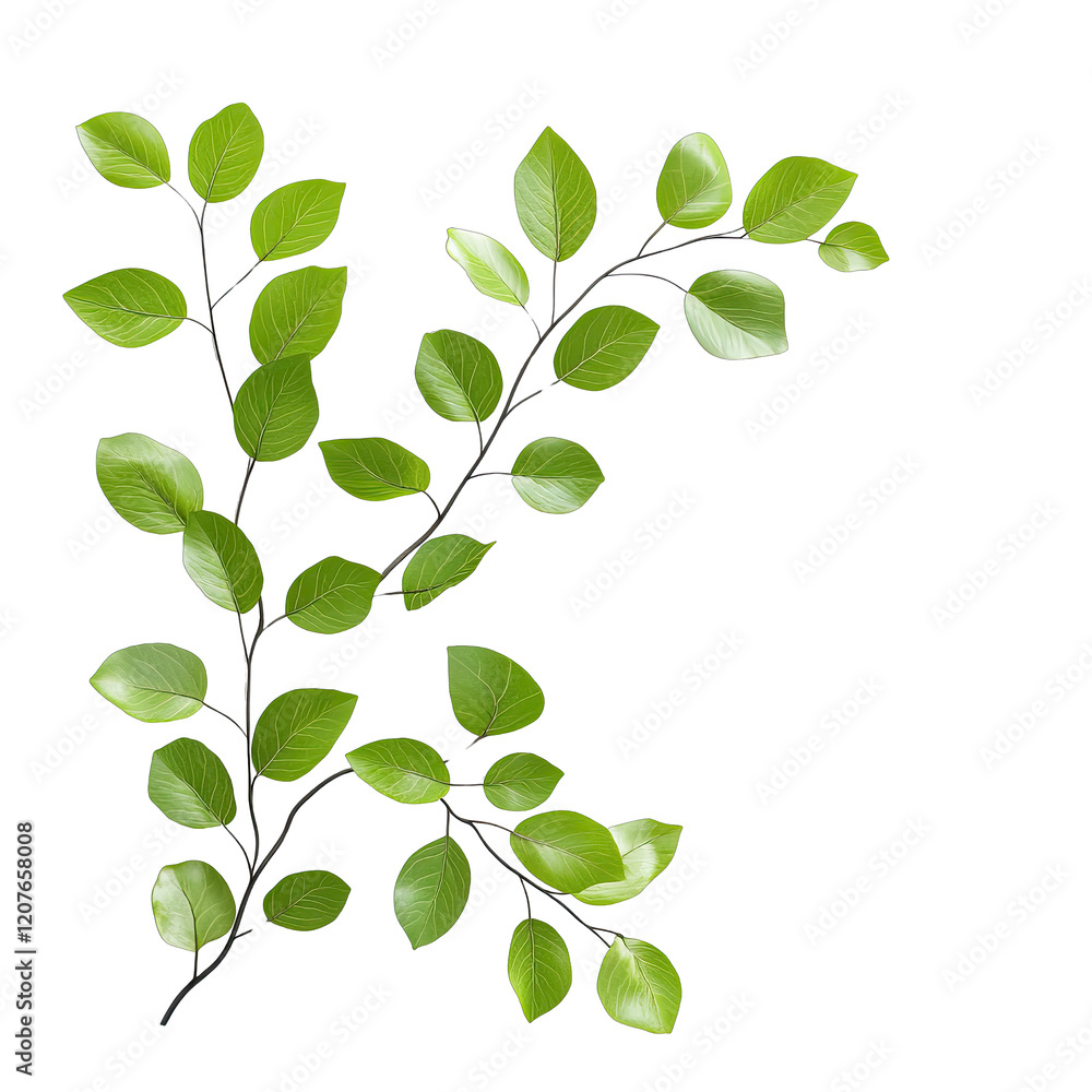 Green Leaves with Glossy Texture on Branches Isolated on a White Background for Natural and Organic Themes Green Leaves with Glossy Texture on Branches Isolated on a White Background for Natural and Organic Themes