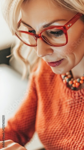 Professional woman in her 30s typing on laptop in bright office, focused and engaged in work
