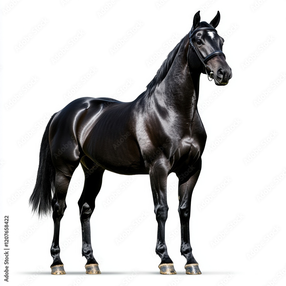 Obraz premium A black horse stands in front of a white background
