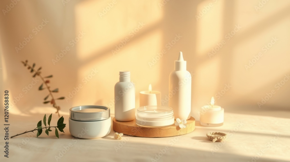 Serene spa setting with skincare products and candles. Soft lighting and natural elements create a calming atmosphere. Serene spa setting with skincare products and candles. Soft lighting and natural elements create a calming atmosphere.