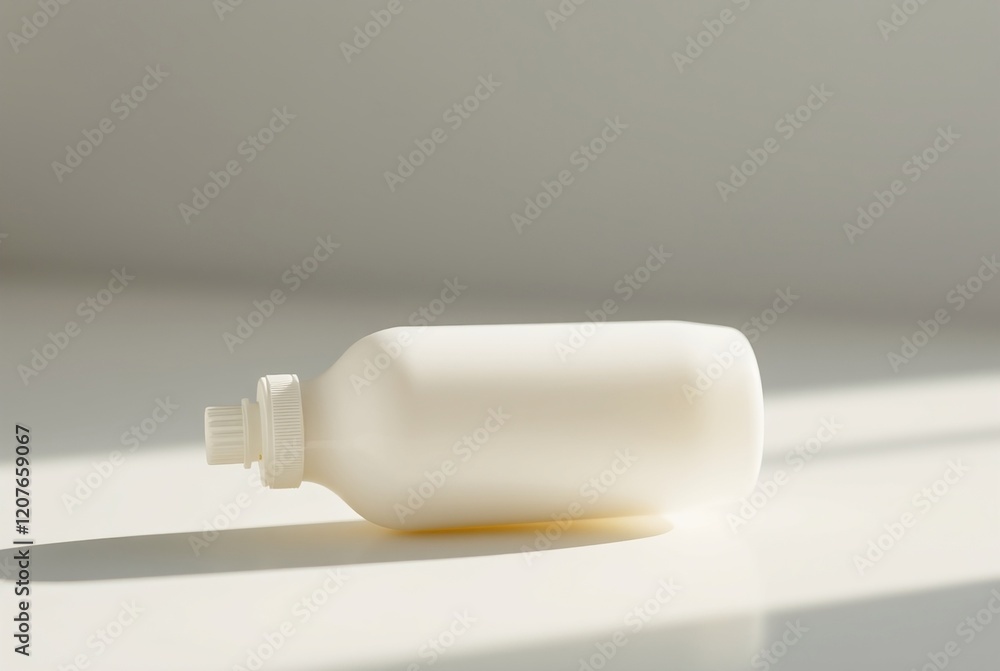 Minimalist Composition of an Unlabeled White Plastic Bottle on a Light Surface with Natural Shadows Minimalist Composition of an Unlabeled White Plastic Bottle on a Light Surface with Natural Shadows