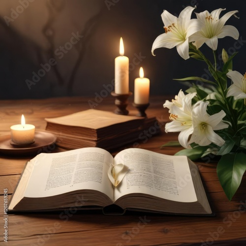 Wallpaper Mural An open book on a simple wooden table next to a few white lilies with a single candle casting a warm glow on the surrounding flowers, warm glow, elegant arrangement Torontodigital.ca
