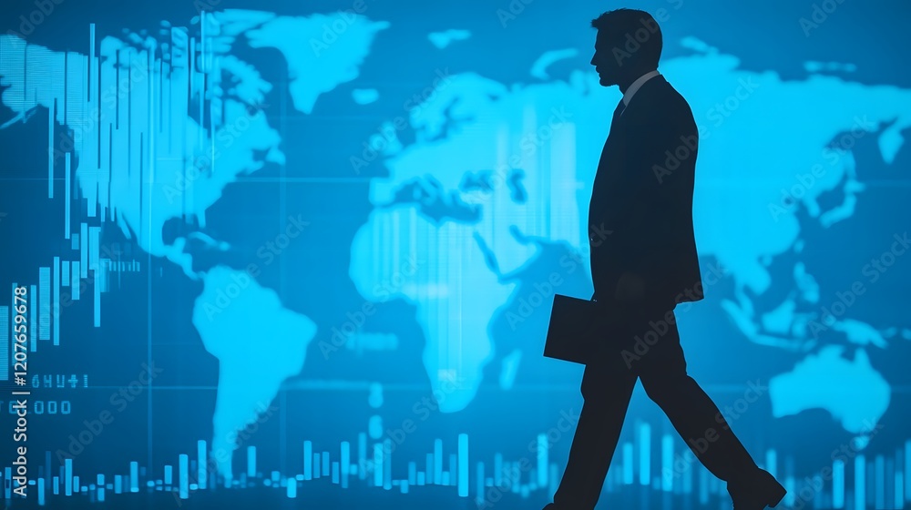 Businessman Silhouette Traversing Digital Globe with Overlaid Financial Data Charts Businessman Silhouette Traversing Digital Globe with Overlaid Financial Data Charts