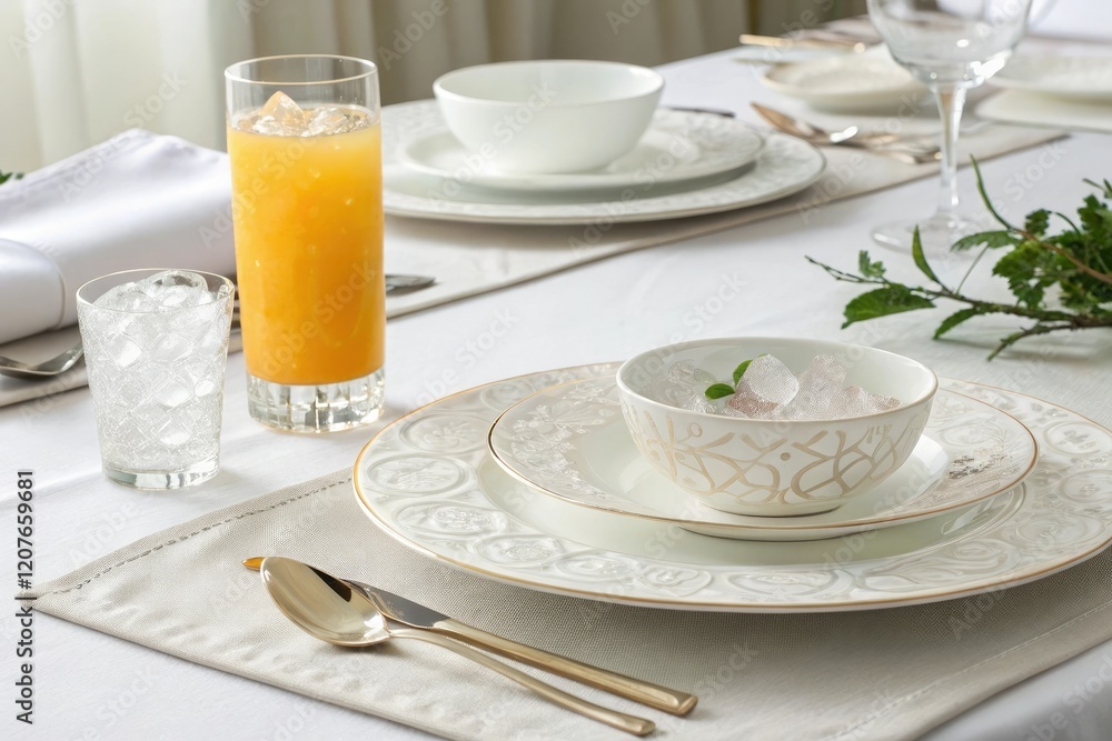 An elegant white table set with fine china and a delicate glass of orange juice complete with a few strategically placed ice cubes, sophisticated tablecloth, luxurious atmosphere An elegant white table set with fine china and a delicate glass of orange juice complete with a few strategically placed ice cubes, sophisticated tablecloth, luxurious atmosphere