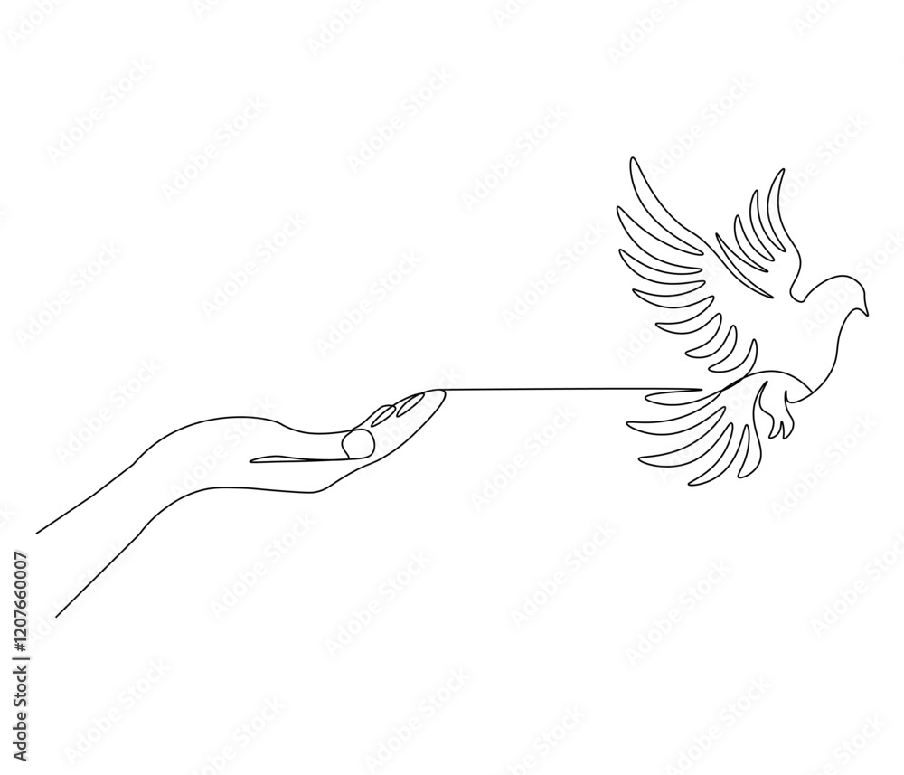 Fototapeta premium Continuous one line drawing of hand with bird. Bird symbol of peace and freedom. Single line drawing illustration of hand with flying dove. style Concept vector art. Doodle line illustration.
