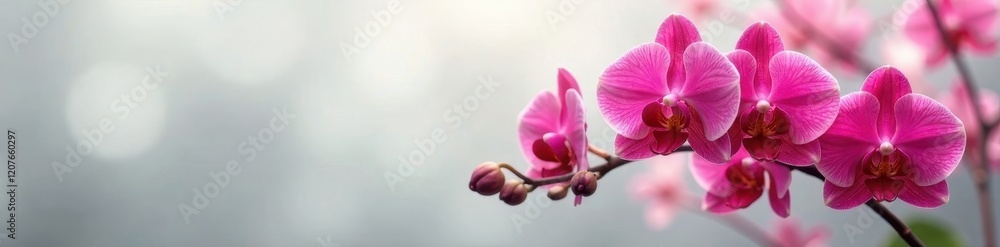 Fototapeta premium Soft focus on red orchids amidst the subtle texture of a light grey veil, gentle, abstract