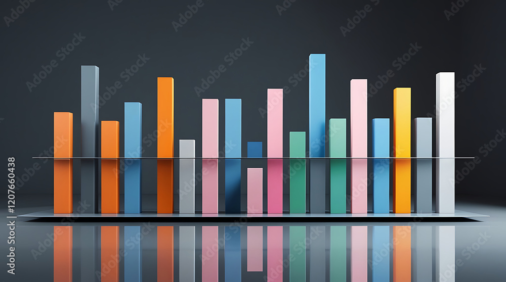 Fototapeta premium Vivid 3D Bar Chart with Gradient Colors on Reflective Surface, Modern Data Visualization Concept