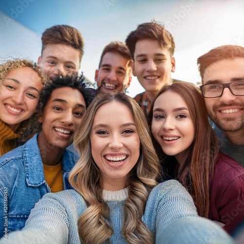 Big group of cheerful young friends taking selfie portrait. Happy people looking at the camera smiling. Concept of community, youth lifestyle and friendship