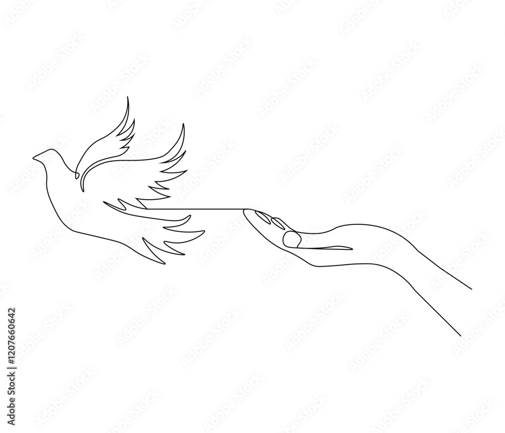 Continuous one line drawing of hand with bird. Bird symbol of peace and freedom. Single line drawing illustration of hand with flying dove. style Concept vector art. Doodle line illustration. Continuous one line drawing of hand with bird. Bird symbol of peace and freedom. Single line drawing illustration of hand with flying dove. style Concept vector art. Doodle line illustration.