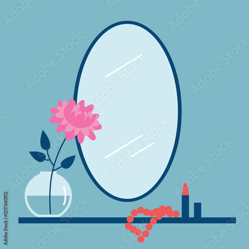 Makeup table with accessories, flower vase and mirror, glamour female boudoir flat illustration