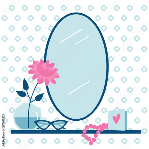 A mirror and a makeup table with accessories, flower vase and a Valentine card on it