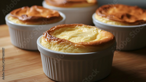 A clean, rustic cheese souffle baked to golden perfection served in individual ramekins on a wooden surface under warm light photo