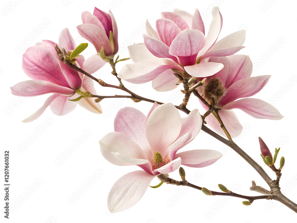 A photo featuring a branch of pink flowered magnolia A photo featuring a branch of pink flowered magnolia