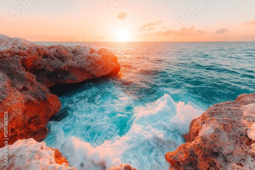 A zip line over a coastal cliff, with waves crashing against the rocks below and the ocean stretching out into the horizon