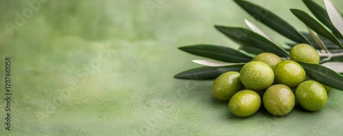 Green Olives on Branch Close-up Photography, Natural Food Concept, Green Background, Culinary Image Olive oil, Olives photo