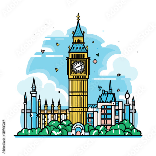 Big Ben hand-drawn comic illustration. Big Ben. Vector doodle style cartoon illustration