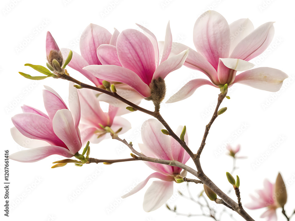 A photo featuring a branch of pink flowered magnolia A photo featuring a branch of pink flowered magnolia