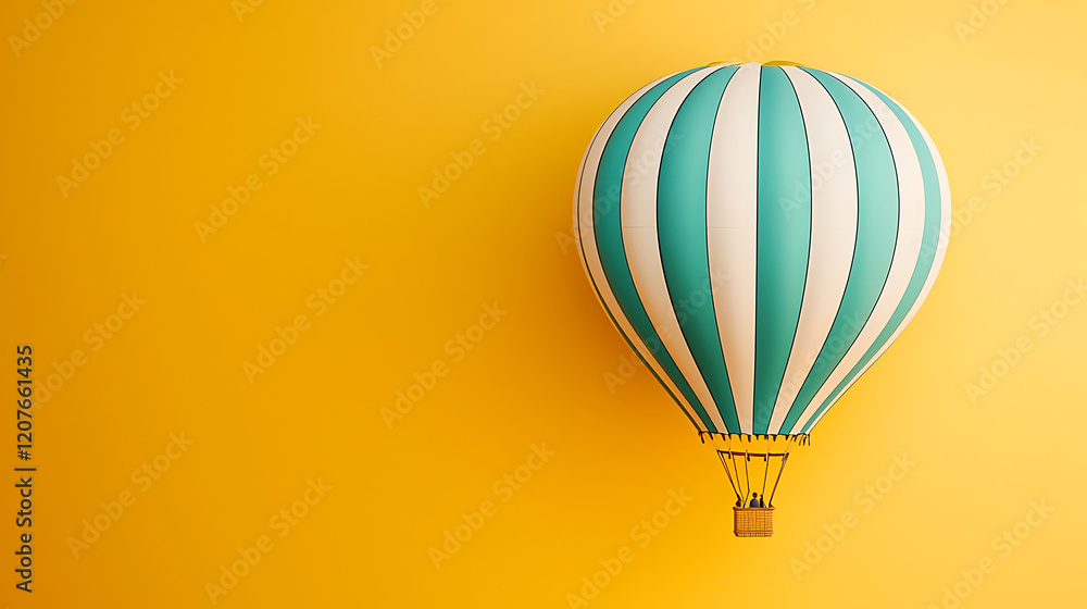Fototapeta premium Turquoise and white hot air balloon on yellow backdrop