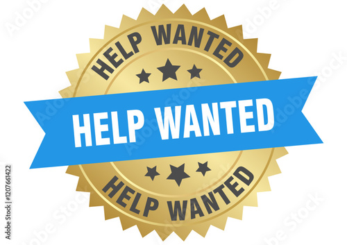 help wanted. help wanted round blue and gold label isolated on transparent background