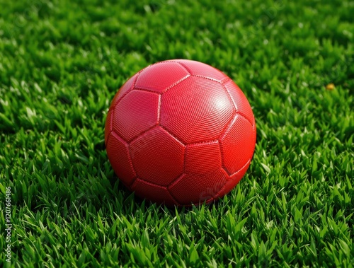 Close-up of red football on a grassy soccer field with blurred background, green, grass, soccer, red, blur